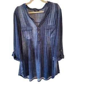Cocomo Woman Size 2X Blue Denim Look 3/4 Roll Tab Sleeve Stretch Tunic Top